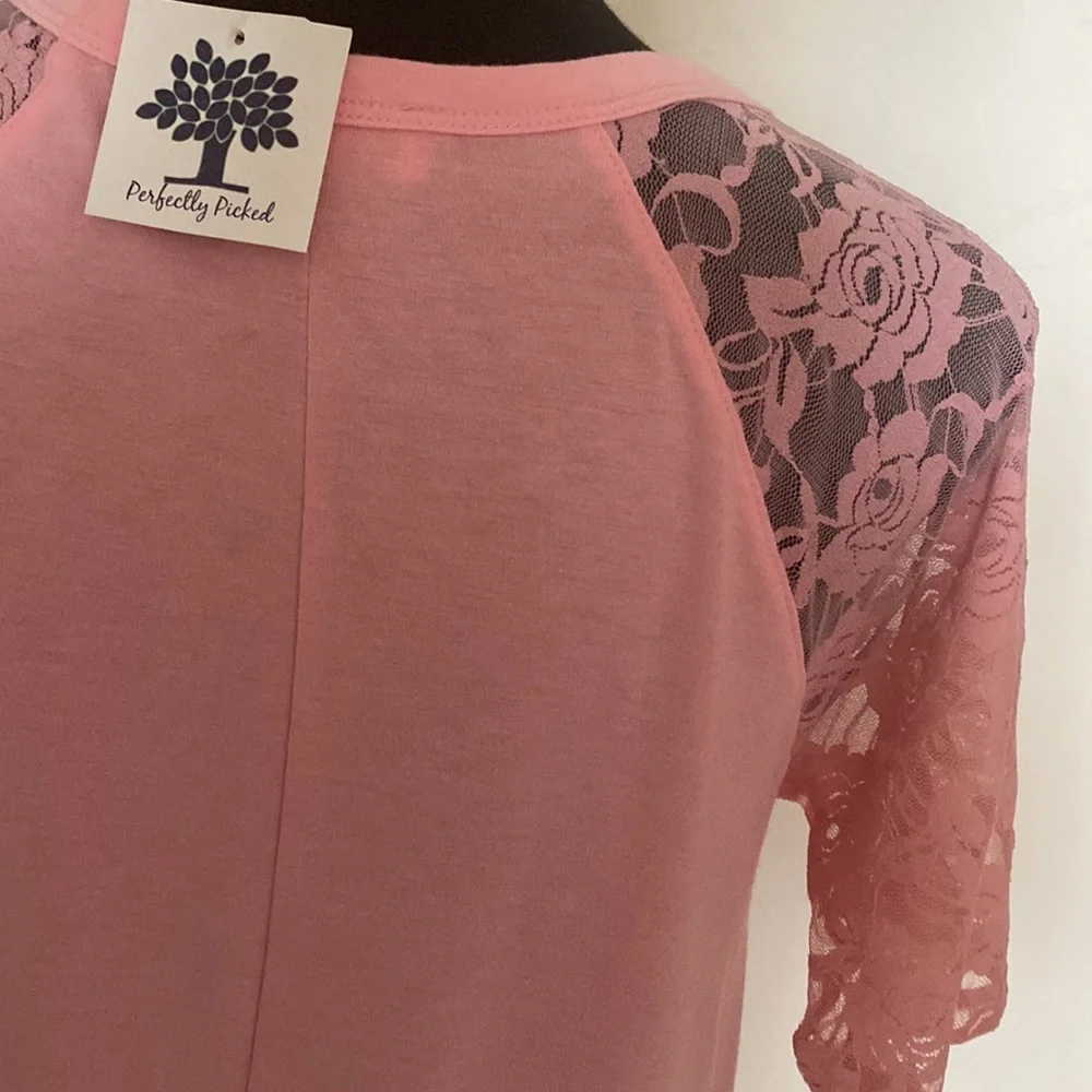 Zenana Pink Short Sleeve Shirt With Rose Lace Sleeves - Picture 16 of 16